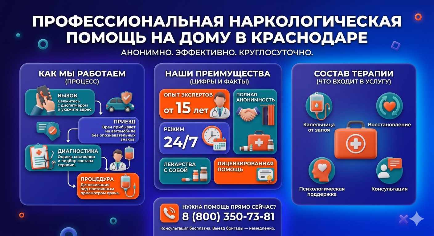 Инфографика о принципах лечения алкоголизма на дому в Красноярске: этапы вызова нарколога, преимущества анонимной детоксикации и состав медицинской помощи.
